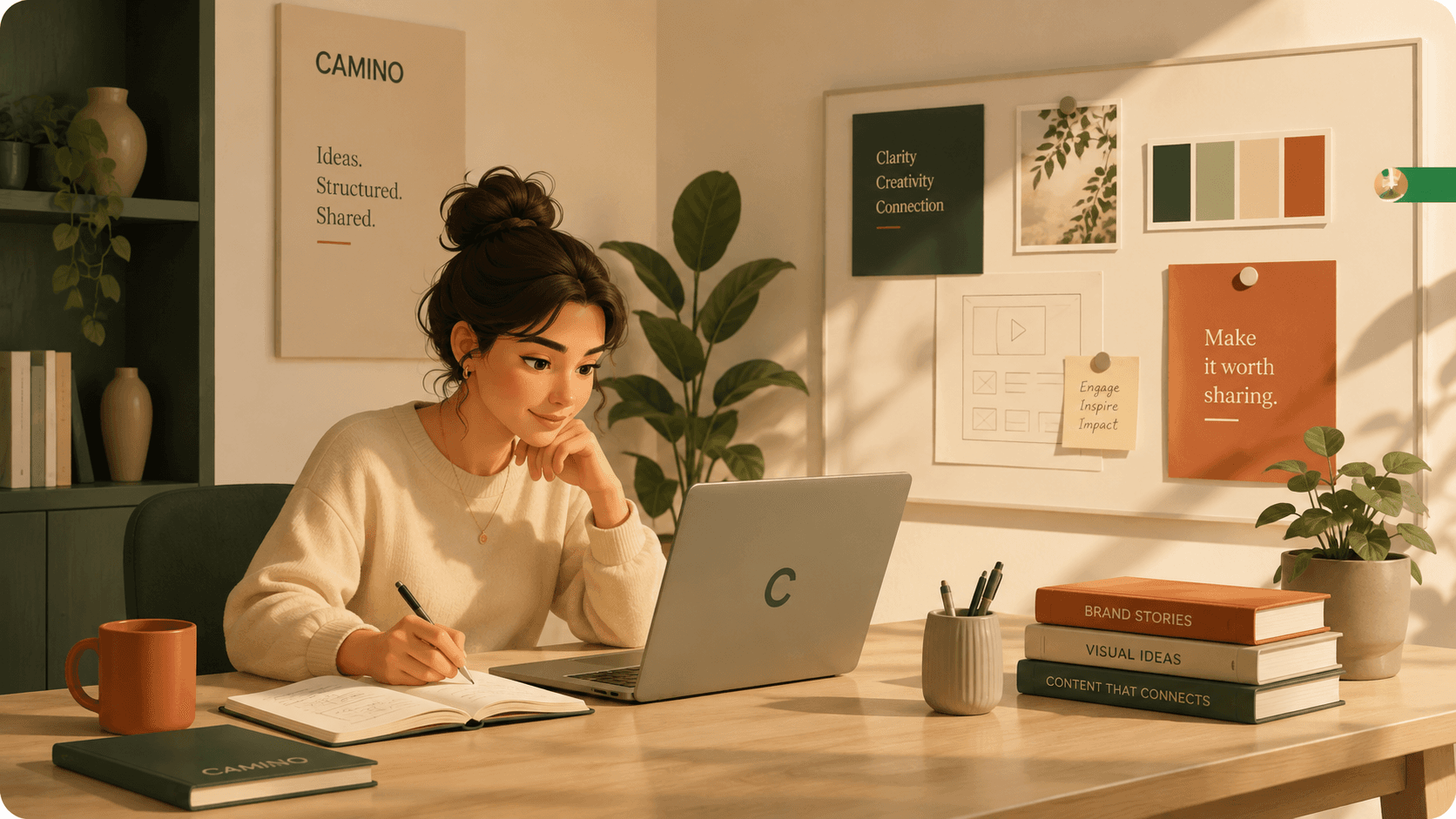 A creator at her desk sketching notes beside a laptop, with a Camino moodboard of brand colors and storyboards pinned on the wall behind her.